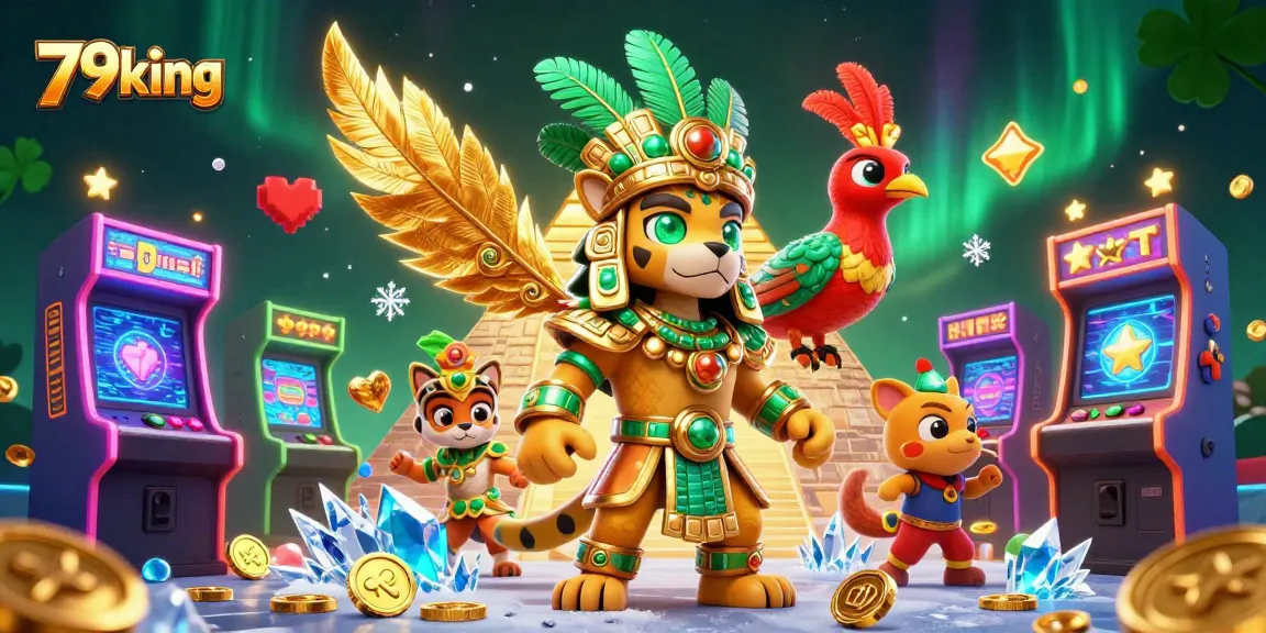 Engage with the thrilling world of 79king featuring Mayan characters and vibrant gaming elements in a casino-themed digital illustration.