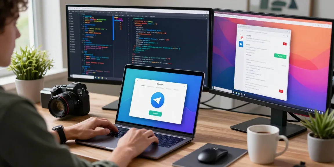 Downloading telegram中文版下载 in a modern tech workspace with vibrant screens.