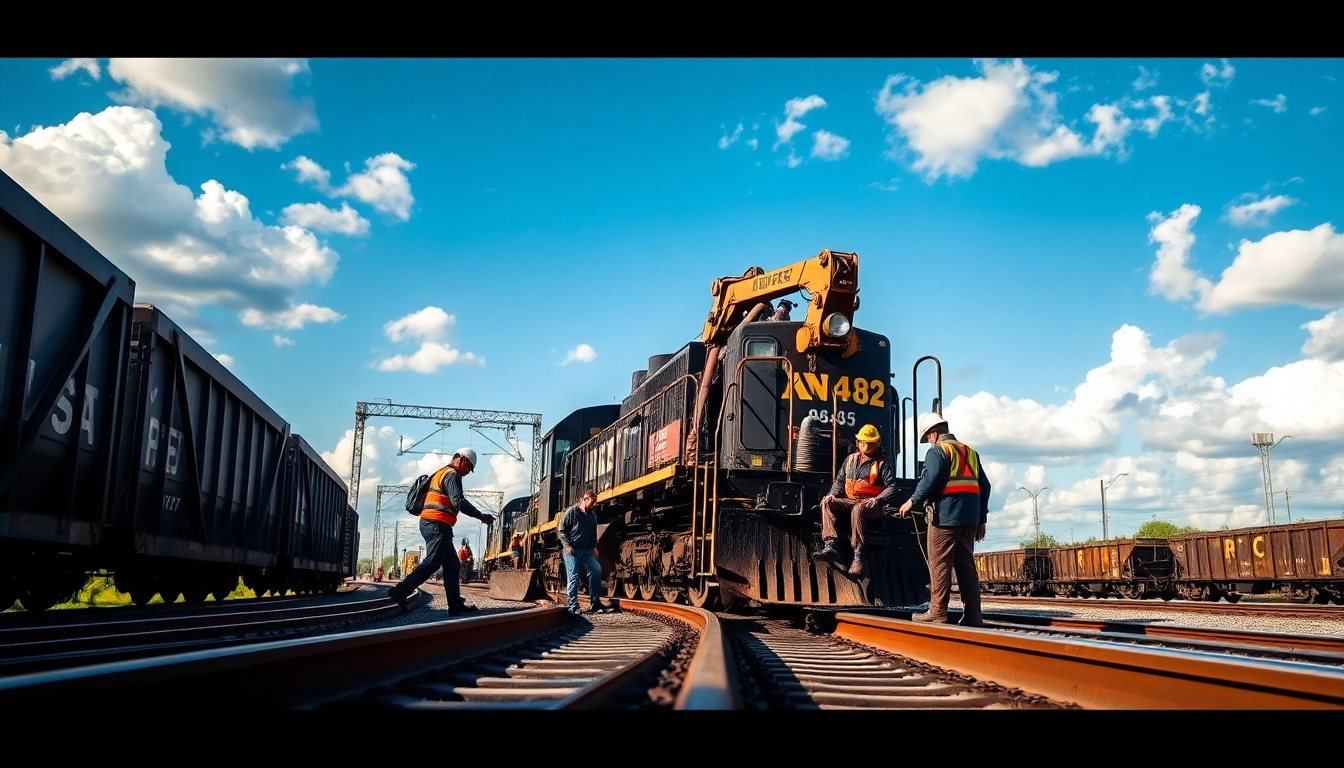 Train derailment repairs in action showcasing skilled workers and specialized machinery.