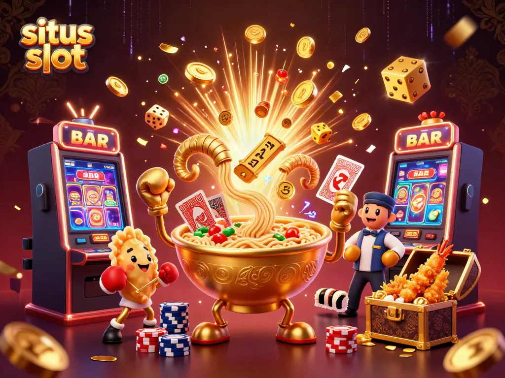 Gambarlah situs slot dengan karakter unik dan mesin slot penuh koin, menggambarkan suasana kasino yang meriah.