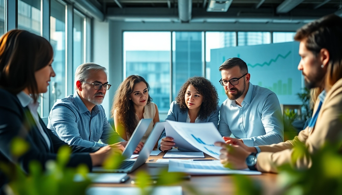 Analyze b2b competitive intelligence with professionals in a strategy meeting.
