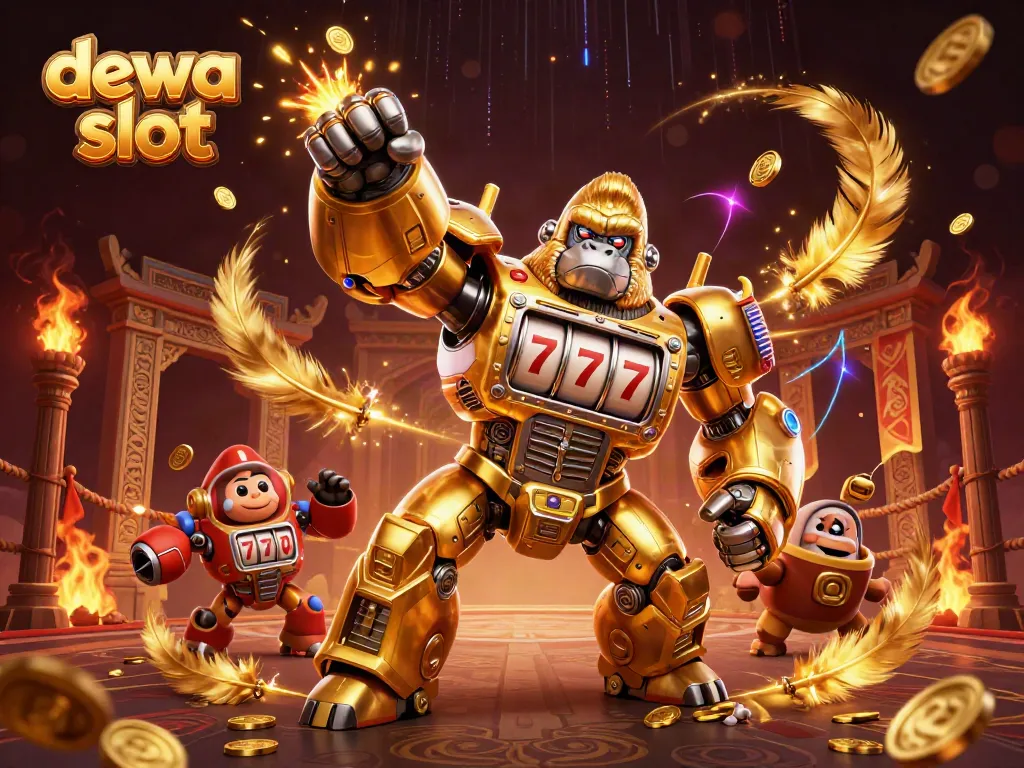 Gorilla emas 3D bersenjatakan mesin slot, memecahkan koin, mempromosikan dewa slot.
