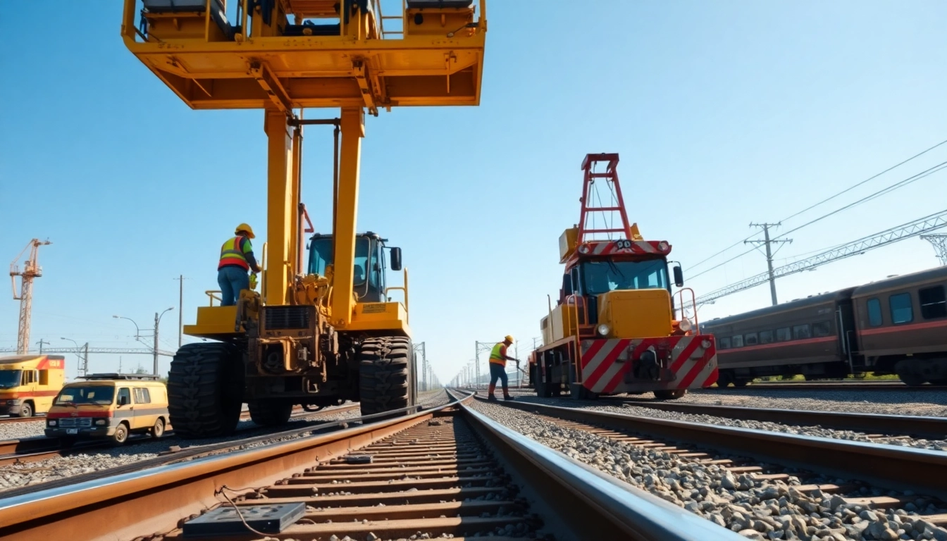 Engaged workers in Railroad Construction using heavy machinery to lay tracks.