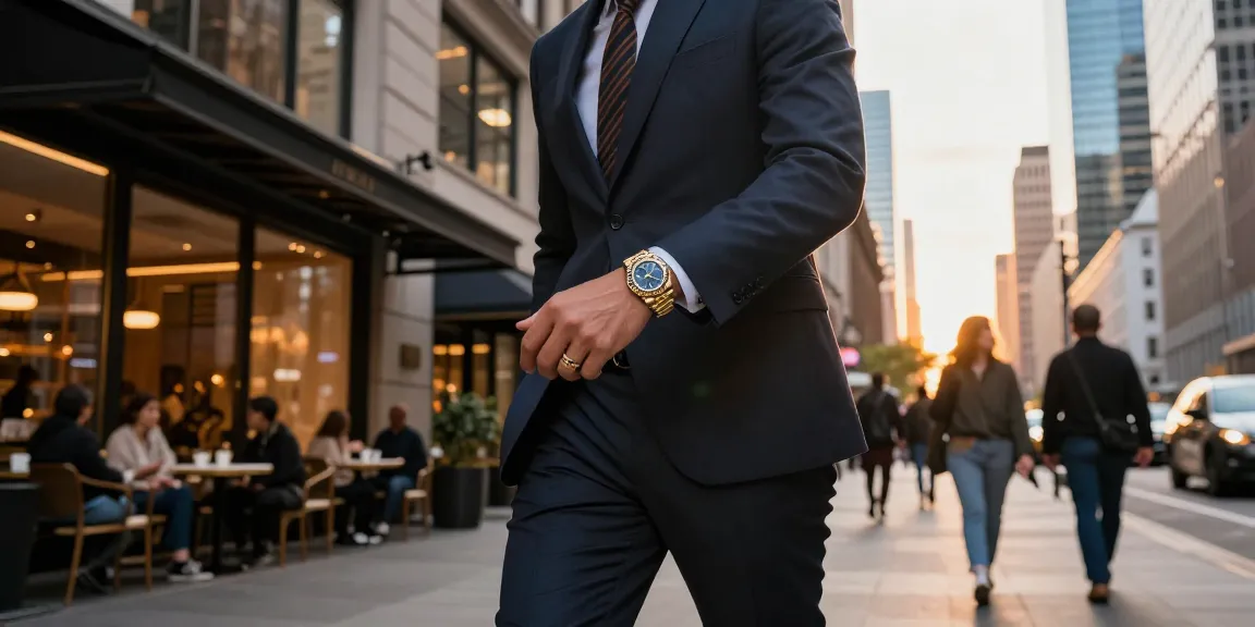 Stylish individual wearing a Rolex replica in a bustling urban setting during sunset.