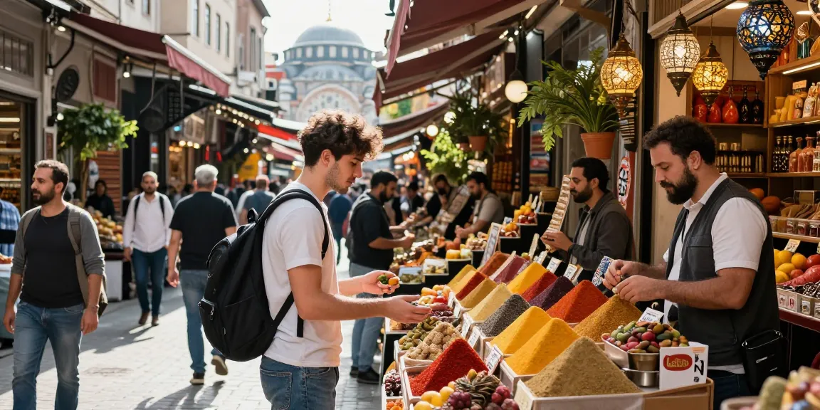 This page depicts a young traveler exploring a vibrant Istanbul marketplace filled with colorful stalls and fresh produce.