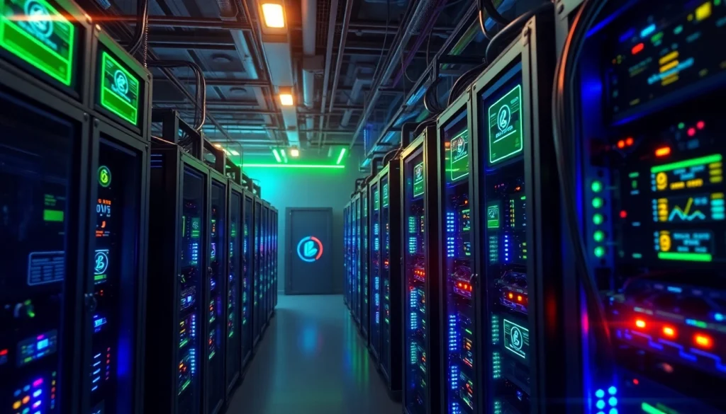 Advanced cryptocurrency mining rigs in a high-tech facility, representing the best crypto mining site.