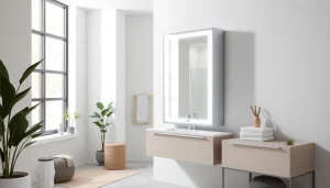 Spiegelschrank mit LED Beleuchtung zeigt modernes Design und praktische Funktionalität im Badezimmer.