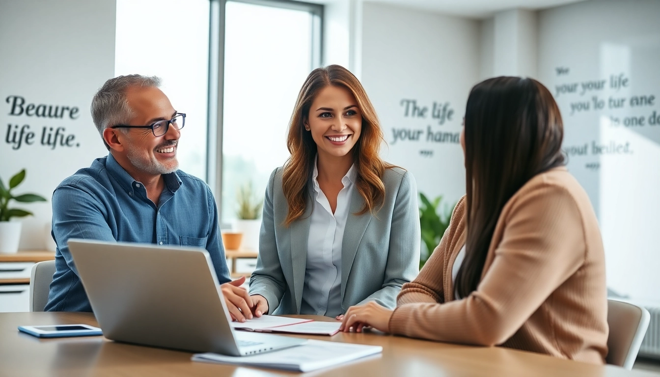 Life insurance consultation with a professional agent and engaged clients in an inviting office.