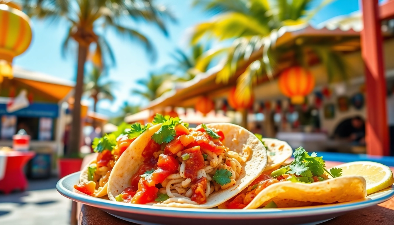 Experience the best tacos in Cabo served at a lively outdoor taco stand with vibrant colors.
