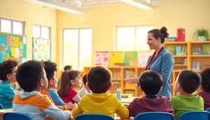 Illustration of an engaging classroom environment highlighting Education with an interactive teacher and diverse students.