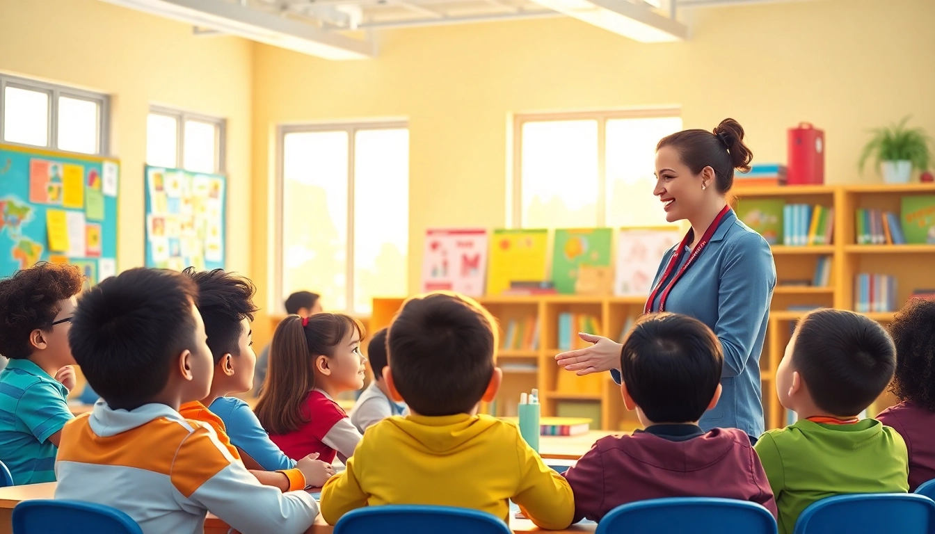 Illustration of an engaging classroom environment highlighting Education with an interactive teacher and diverse students.