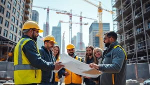 Showcase a New York Commercial General Contractor managing an urban site, fostering teamwork and innovation.