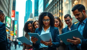 Engaged professionals collaborating in NYC, striving for new york jobs in a vibrant setting.