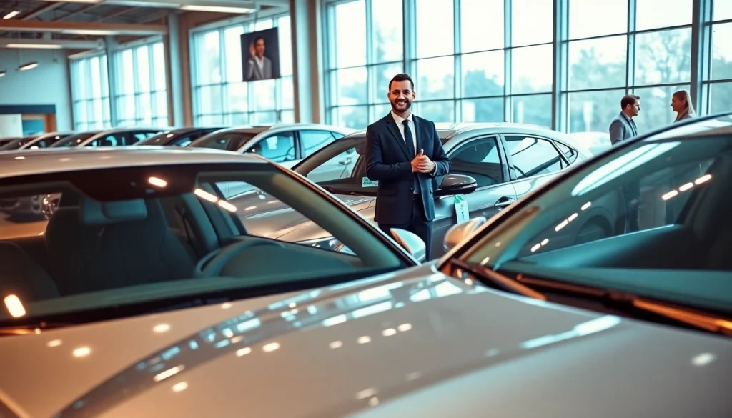 Buy a car displayed in a professional showroom with vibrant lighting and various vehicle options.