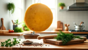 Kaasdoek elegant over een aanrecht met verse ingrediënten, perfect voor koken.