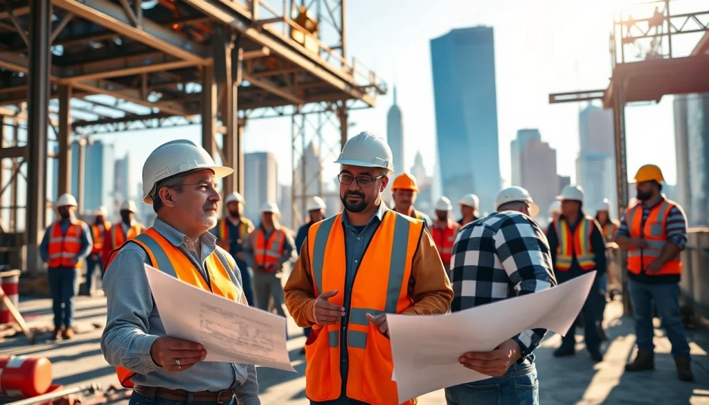 Collaborative team of New York City General Contractor professionals at a construction site.