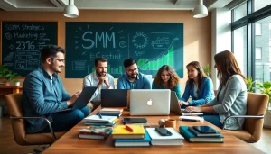 Showcase a collaborative team strategizing smm services in a modern workspace.