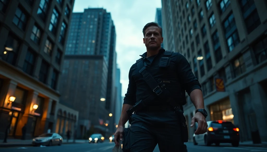 Heroic figure evoking the strength of Like Reacher in an urban action scene.