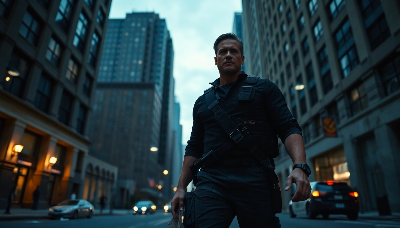 Heroic figure evoking the strength of Like Reacher in an urban action scene.