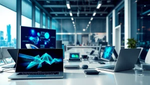 Showcasing technology innovations in a modern setting with interactive displays.