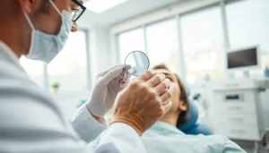 Dentist examining a patient’s teeth in a bright, modern clinic.