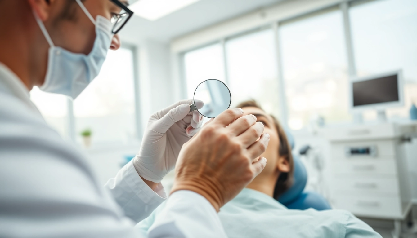 Dentist examining a patient’s teeth in a bright, modern clinic.