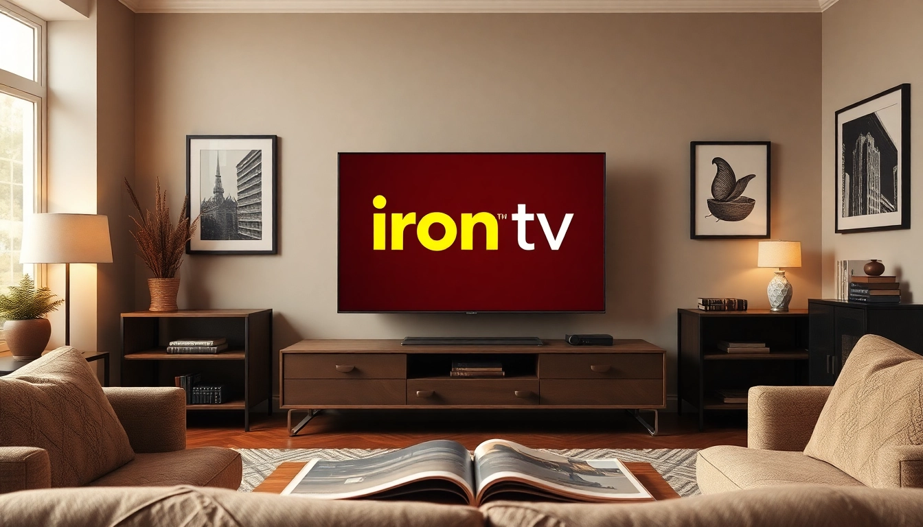 Watch the vibrant "iron tv" logo on a stylish living room TV.