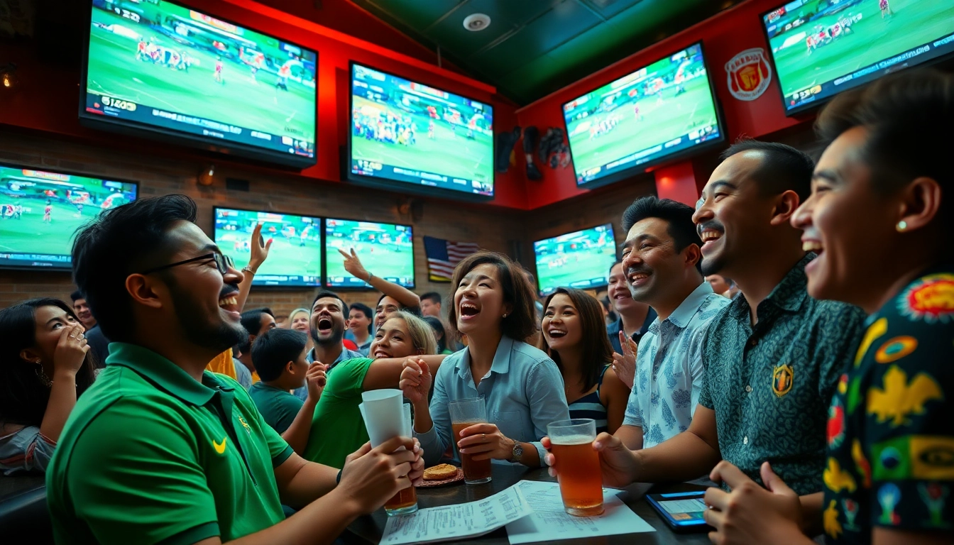 Engaged crowd enjoying the best sports betting sites Brazil during live matches in a vibrant sports bar.