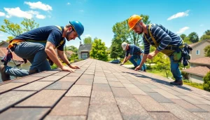 Showcasing Professional roofing services with roofers installing shingles in a sunny neighborhood.