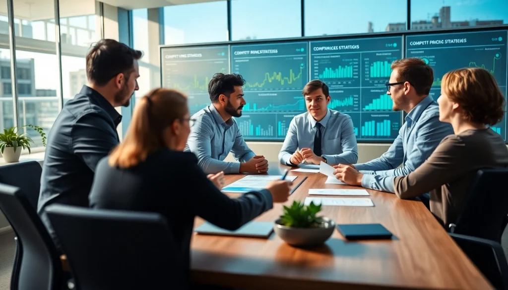 Evaluate competitor pricing strategies with a focused team in a vibrant office meeting.