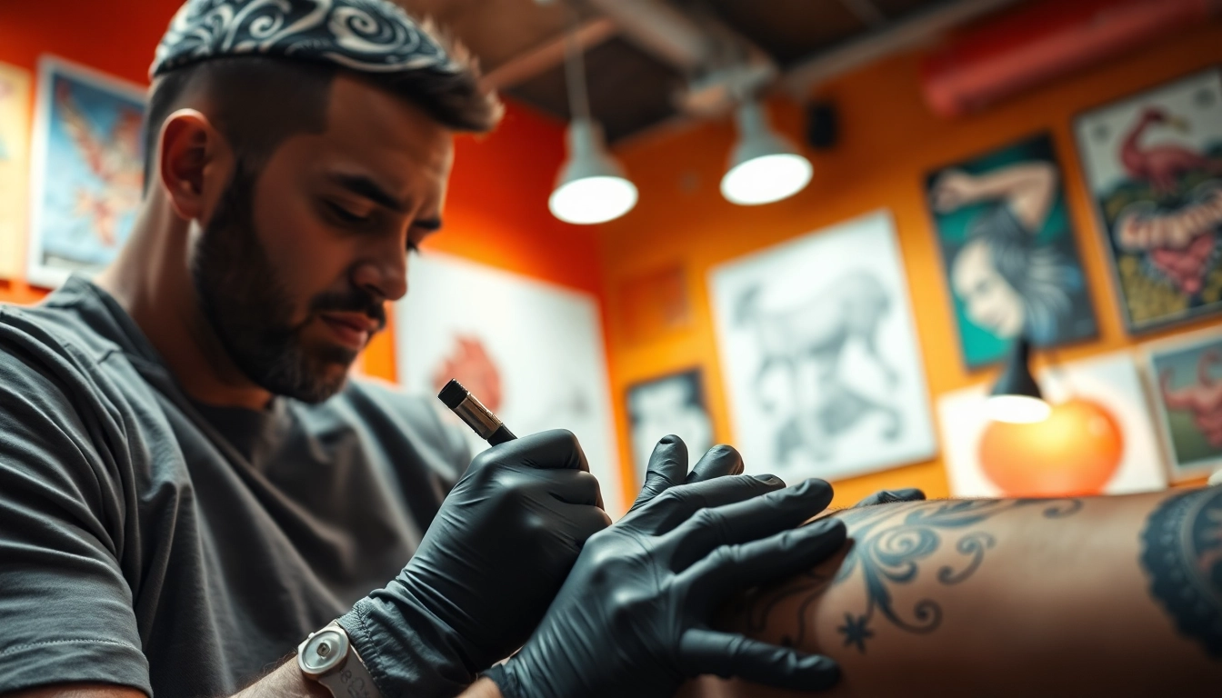 Capture the artistry at entrelagostattooartgallery.com with a tattoo artist creating intricate designs in a vibrant studio.