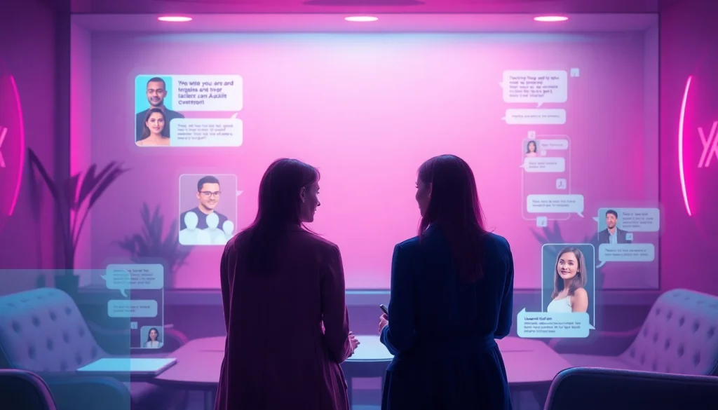 Engaging scene of users interacting in a futuristic chatroom with sex chat AI bots, showcasing intimacy and connection.