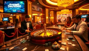 Login Dewanaga89 ditampilkan dalam setting kasino mewah yang menampilkan rolet dan para pemain yang bersemangat.