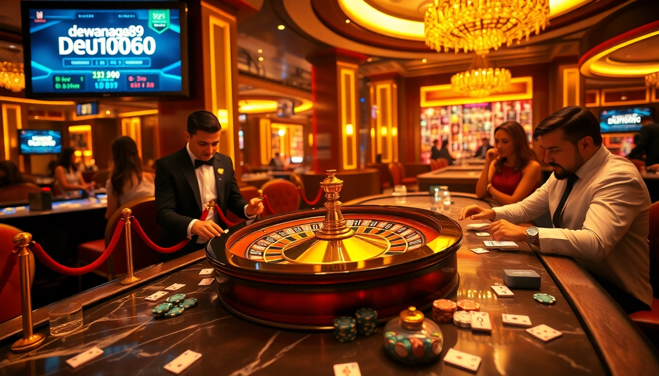 Login Dewanaga89 ditampilkan dalam setting kasino mewah yang menampilkan rolet dan para pemain yang bersemangat.