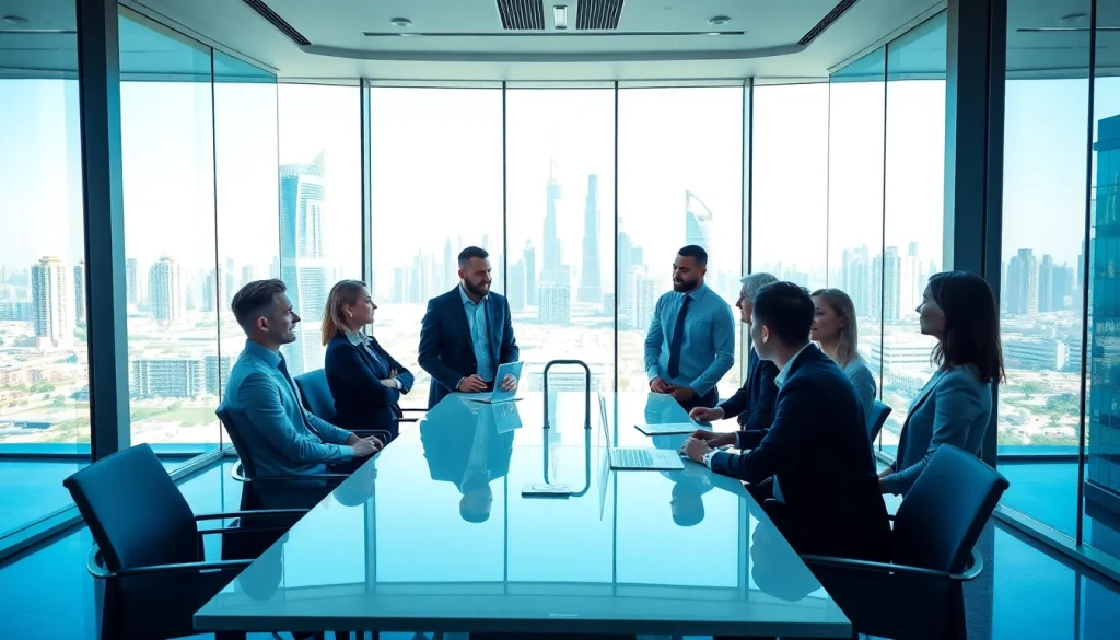 Business Consultants in Dubai collaborating in a modern office environment with city views.