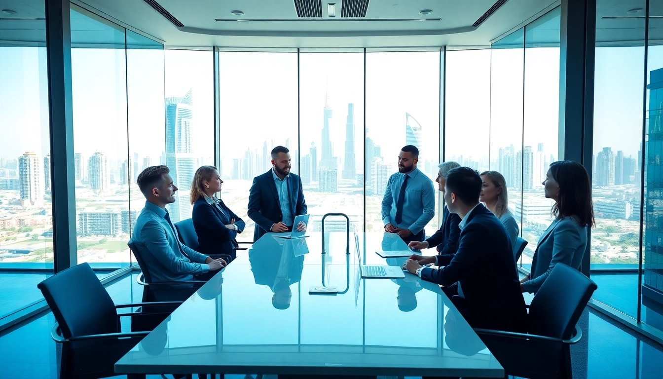 Business Consultants in Dubai collaborating in a modern office environment with city views.