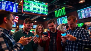 Engaging atmosphere of online sportsbooks Oklahoma, with bettors analyzing stats on mobile devices.