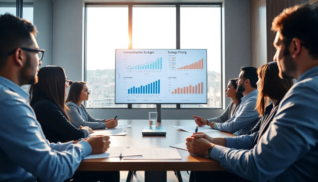 Visualize a business meeting discussing competitor pricing with data graphs and a diverse team.