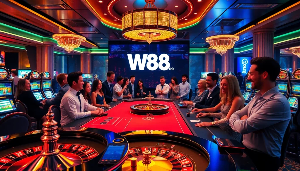 Exciting online casino scene featuring a diverse group of players enjoying games at W88 link tables.