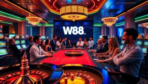 Exciting online casino scene featuring a diverse group of players enjoying games at W88 link tables.