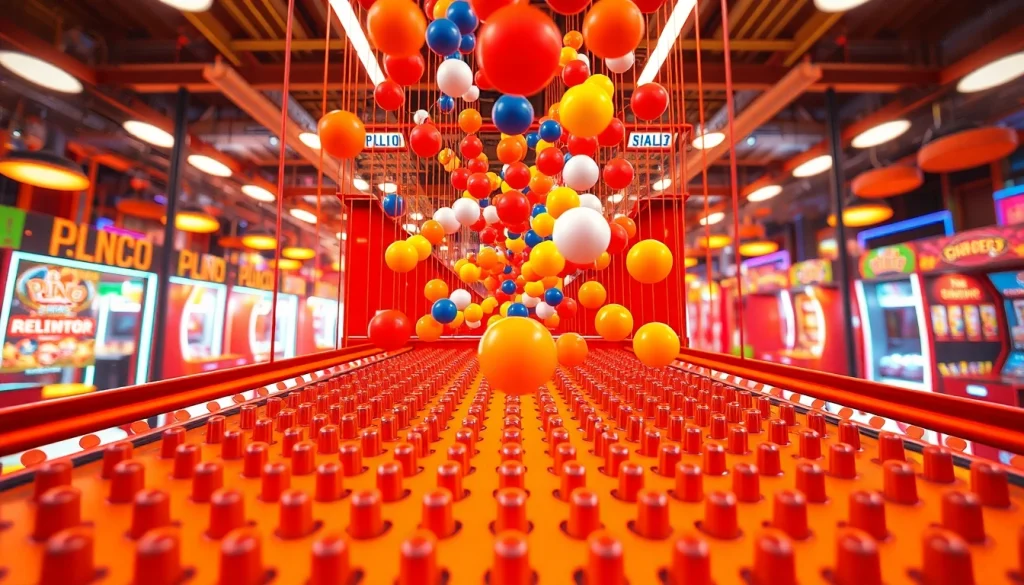 Main visual game demo plinko menunjukkan bola jatuh melalui pegs yang berwarna-warni.