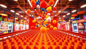 Main visual game demo plinko menunjukkan bola jatuh melalui pegs yang berwarna-warni.