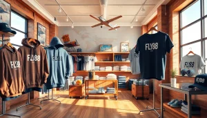 FLY88 aviation-inspired clothing collection in a bright retail space, showcasing stylish apparel