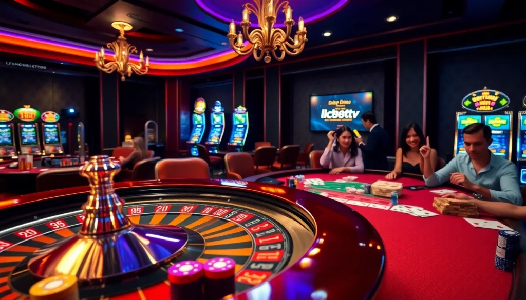 Players enjoying a thrilling game at a casino table showcasing https://lc88tv.com/ with vibrant chips and cards.