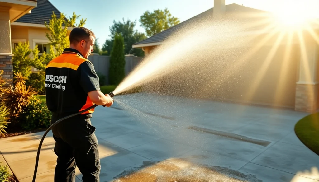 Concrete cleaning service efficiently restoring a driveway's appearance.