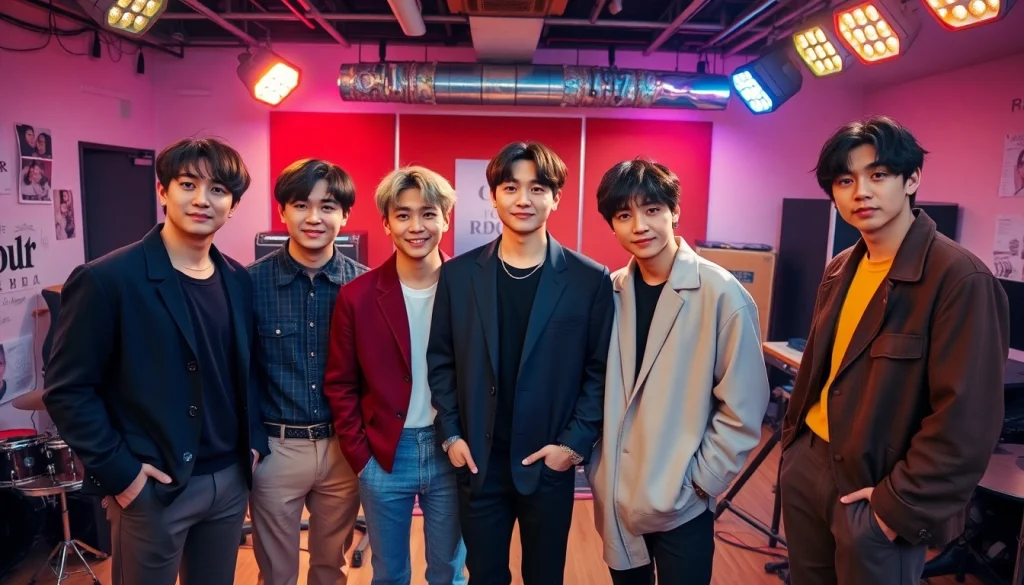 BTS members performing together in a lively rehearsal studio showcasing their unique styles.