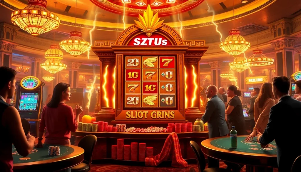 Experience thrilling spins on the Slot Zeus machine amid a vibrant casino atmosphere filled with excitement.
