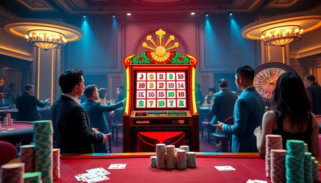 Adegan yang menarik para pemain di mesin slot demo Mahjong dalam lingkungan kasino mewah.
