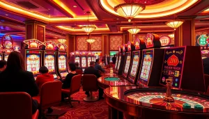 Enjoy the excitement of a mahjong slot demo amidst a vibrant casino atmosphere where players engage with intricate gaming machines.