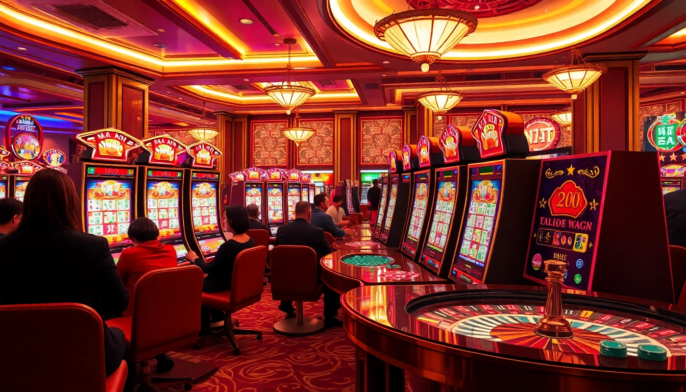 Enjoy the excitement of a mahjong slot demo amidst a vibrant casino atmosphere where players engage with intricate gaming machines.